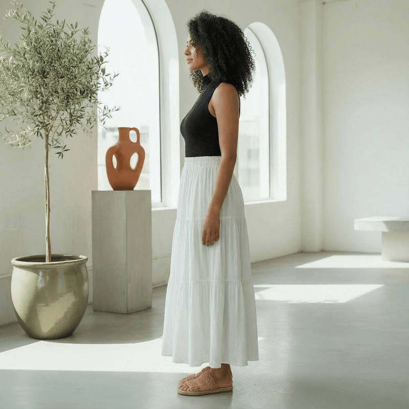 White 100% Cotton Elasticated Maxi Tier Skirt
