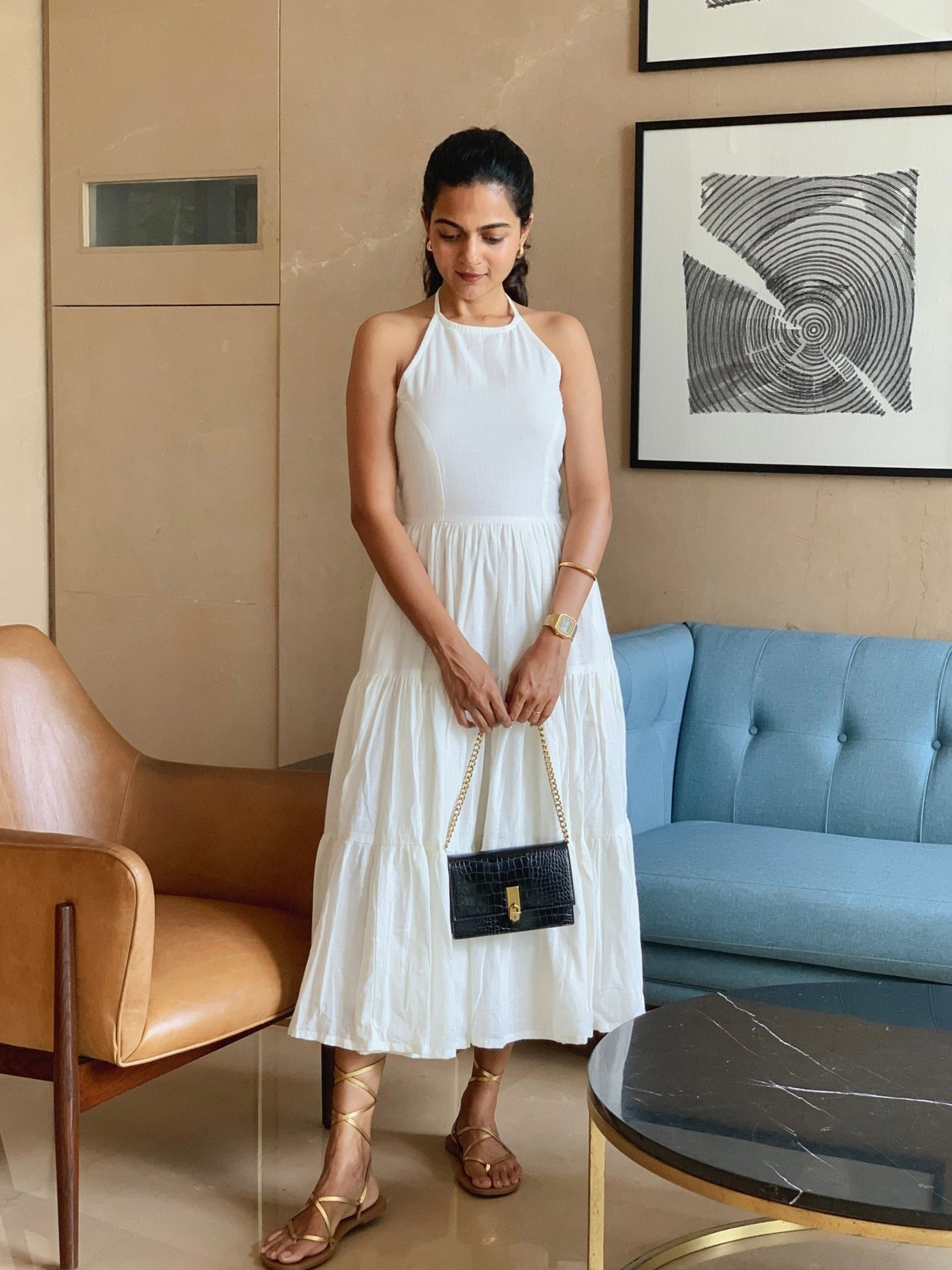 White 100% Cotton Halter Neck Tier Midi Dress 38" / Tall (5'7" and above) White 100% Cotton Halter Neck Tier Midi Dress 38" / Tall (5'7" and above)