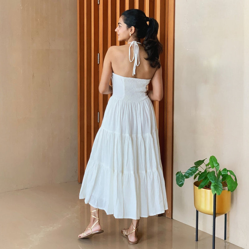White 100% Cotton Halter Neck Tier Midi Dress 38" / Tall (5'7" and above) White 100% Cotton Halter Neck Tier Midi Dress 38" / Tall (5'7" and above)