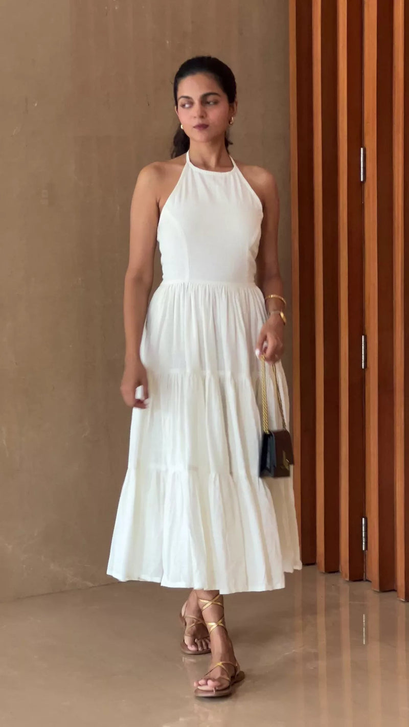 Buy White 100% Cotton Halter Neck Tier Midi Dress Online at SeamsFriendly Buy White 100% Cotton Halter Neck Tier Midi Dress Online at SeamsFriendly