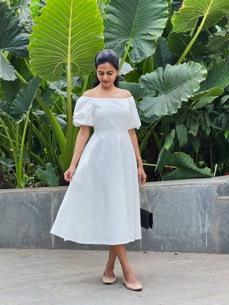 White 100% Cotton Midi Off-Shoulder Dress