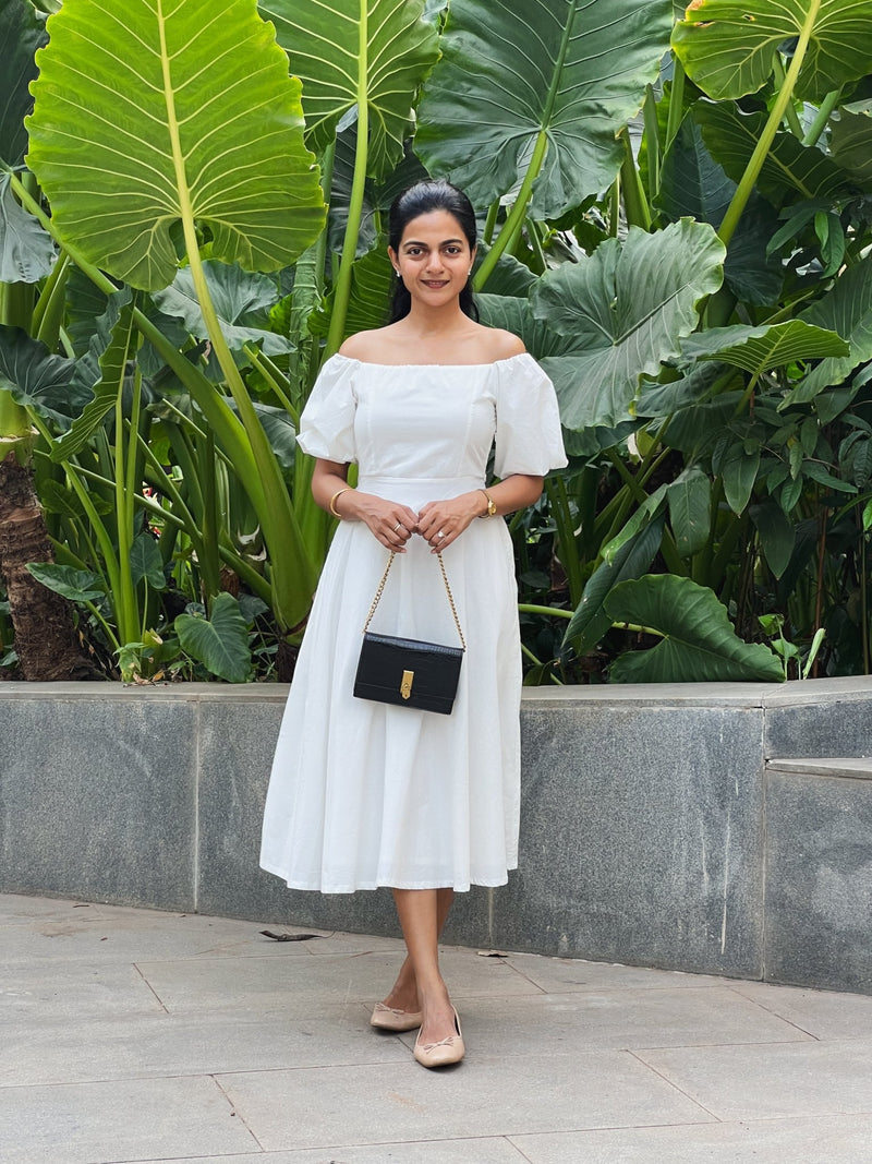 White 100% Cotton Midi Off-Shoulder Dress