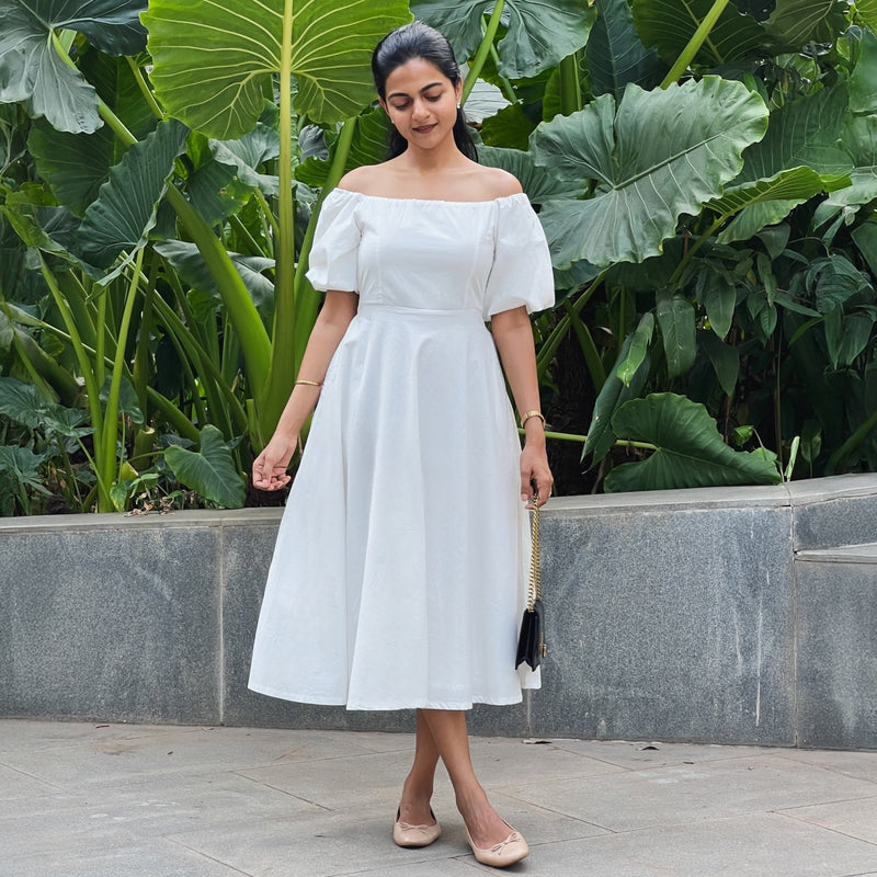 White 100% Cotton Midi Off-Shoulder Dress