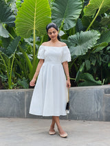 White 100% Cotton Midi Off-Shoulder Dress