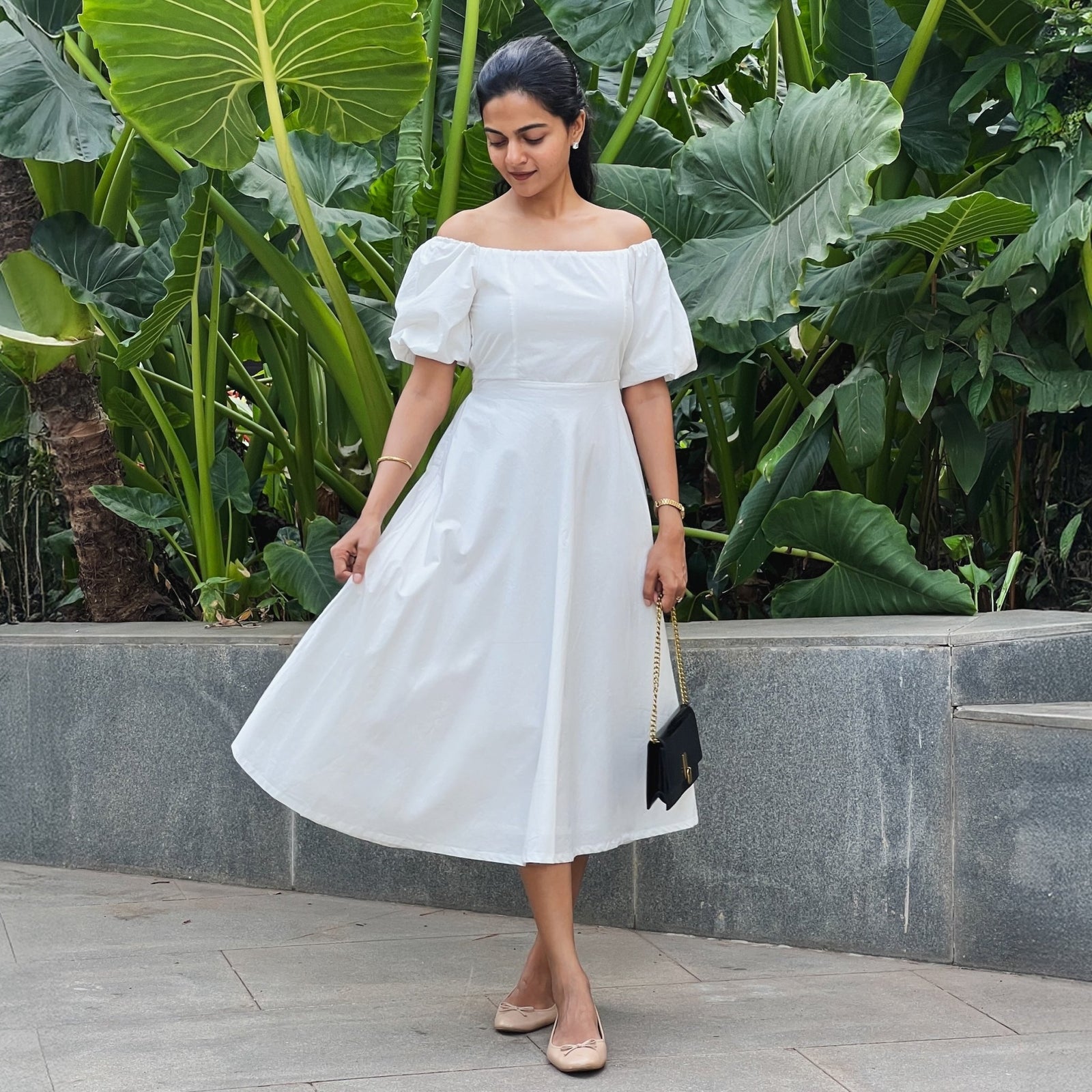 White 100% Cotton Midi Off-Shoulder Dress 66" / Tall (5'7" and above) White 100% Cotton Midi Off-Shoulder Dress 66" / Tall (5'7" and above)