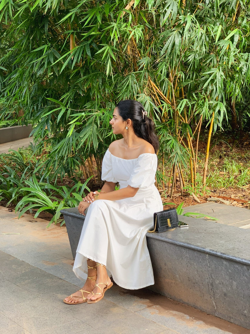 White 100% Cotton Midi Off-Shoulder Dress