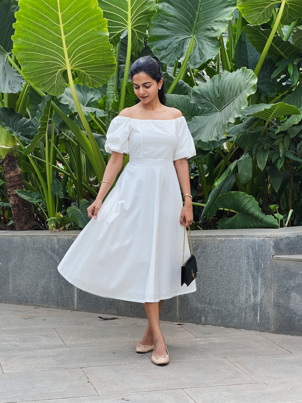 White 100% Cotton Midi Off-Shoulder Dress