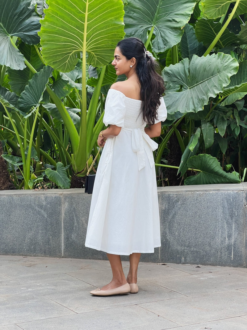 White 100% Cotton Midi Off-Shoulder Dress