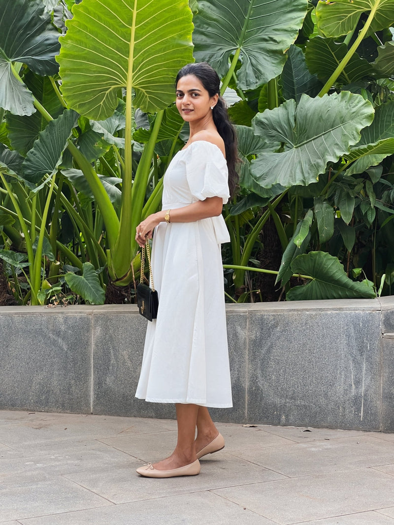 White 100% Cotton Midi Off-Shoulder Dress