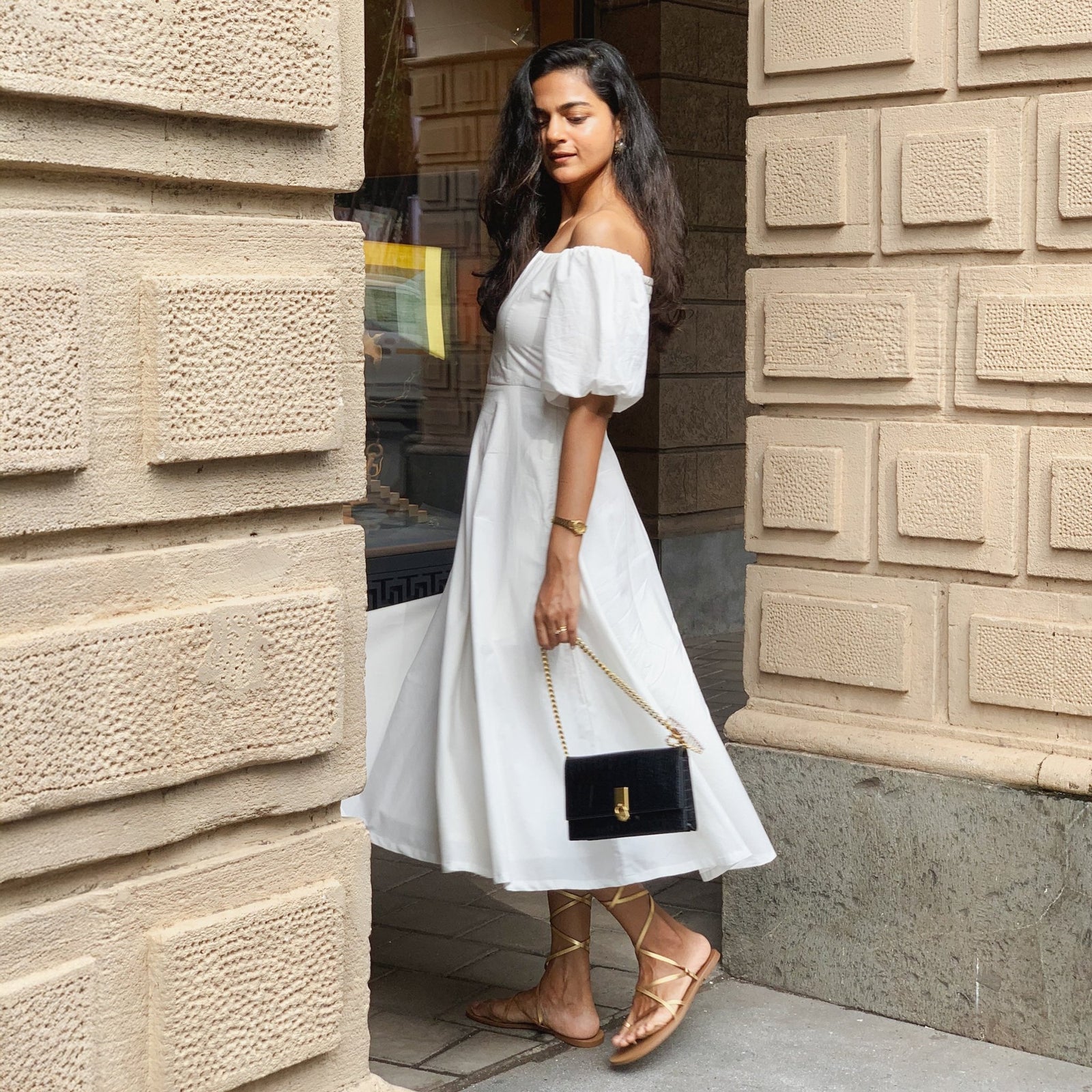knee length dresses for ladies White 100% Cotton Midi Off-Shoulder Dress 54