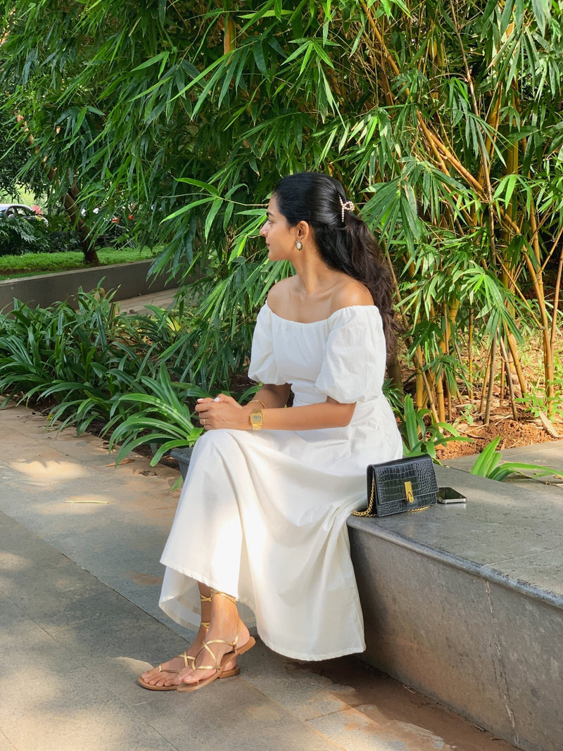 White 100% Cotton Midi Off-Shoulder Dress