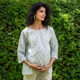 White and Blue Paisley Block Printed Cotton A-Line Godet Pre and Post Maternity Top