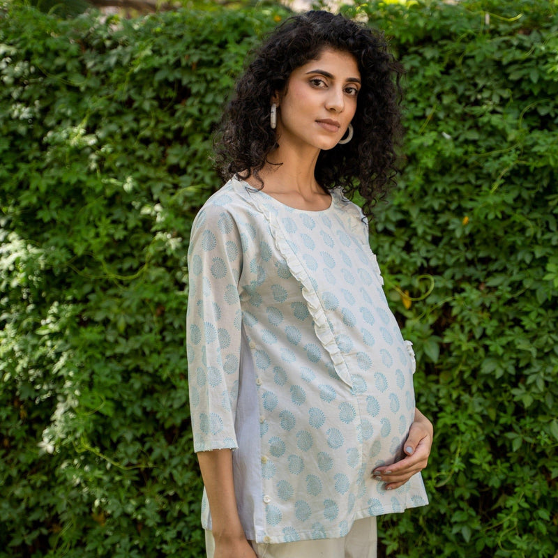 White and Blue Paisley Block Printed Cotton A-Line Godet Pre and Post Maternity Top