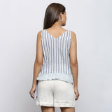 Back View of a Model wearing White And Blue Yarn Dyed Gathered Top