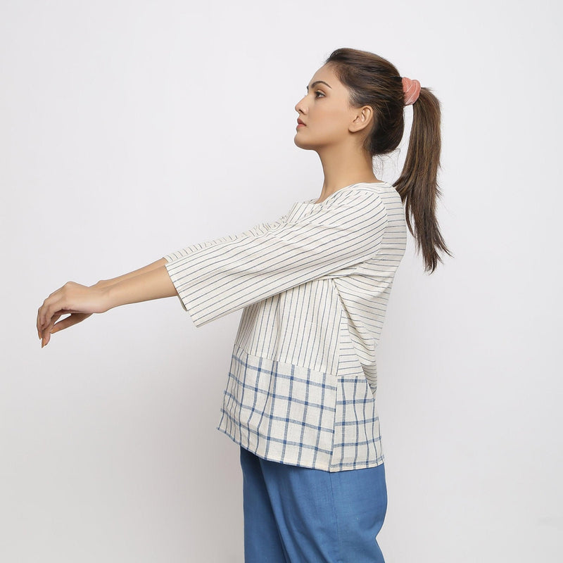 Left View of a Model wearing Handspun Vegetable dyed Straight-fit Top