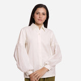 Front View of a Model wearing White Bishop Sleeve Cotton Shirt