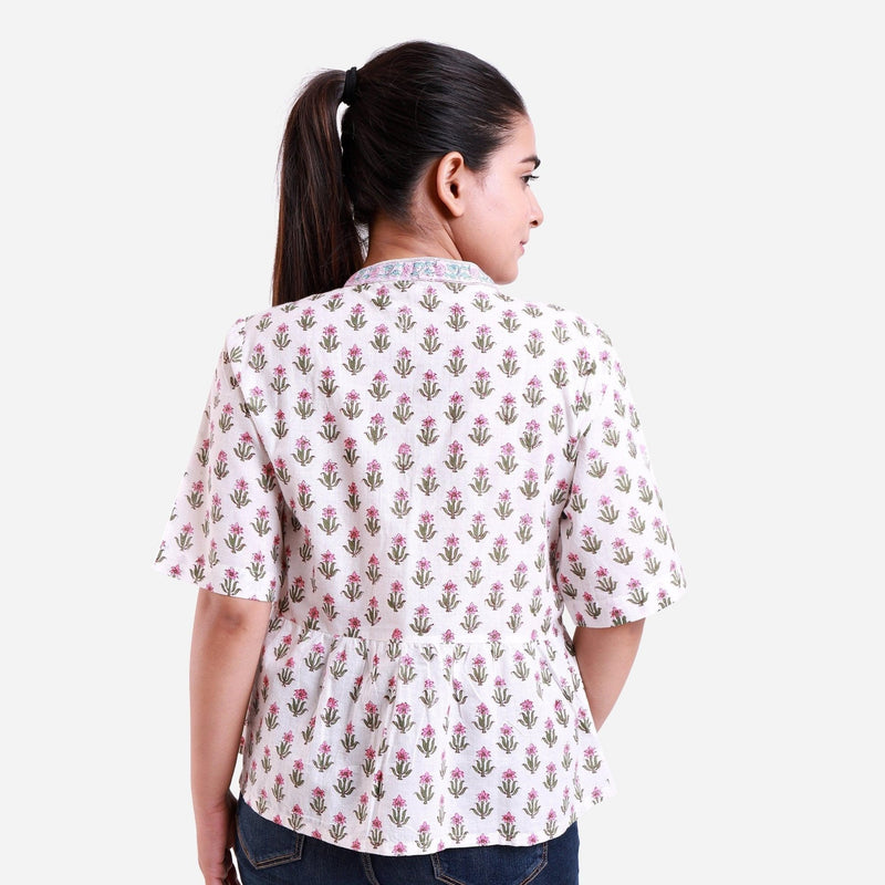 Back View of a Model wearing White Button-Down Flared Cotton Top