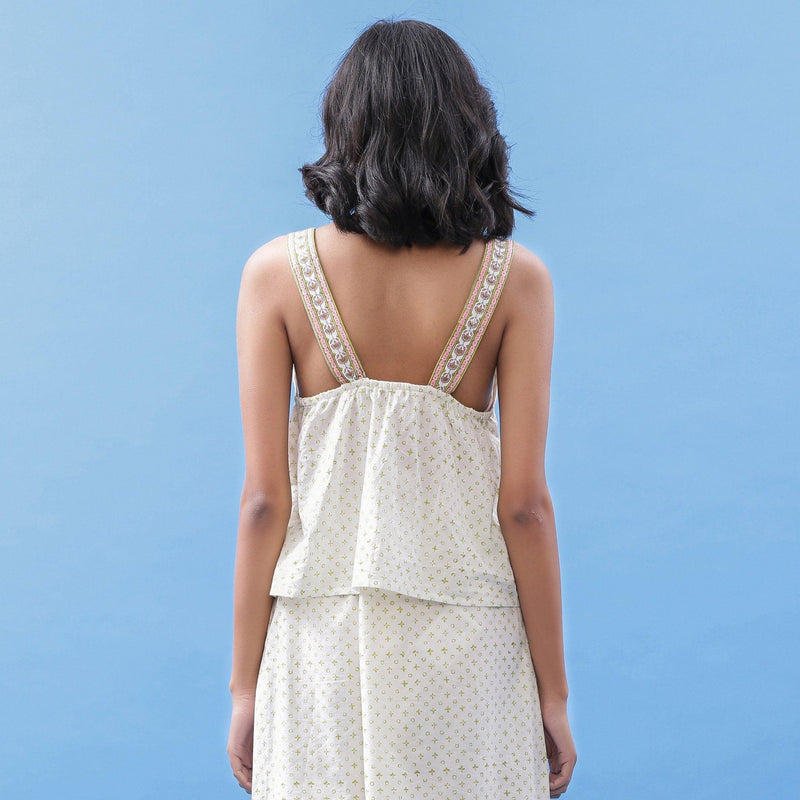 Back View of a Model wearing Hand Block Printed Tic-Tac-Toe Tank Top