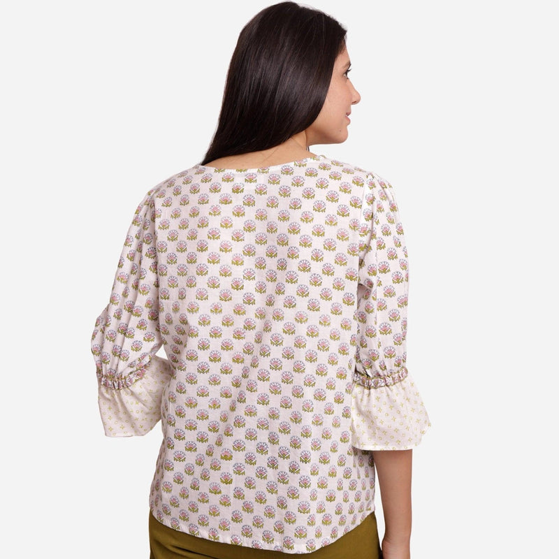 Back View of a Model wearing Block Printed Frilled Puff Sleeves Top