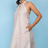 Front Detail of a Model wearing White Block Printed Cotton Knee Length Dress