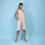 Front View of a Model wearing White Block Printed 100% Cotton A-Line Knee Length Dress