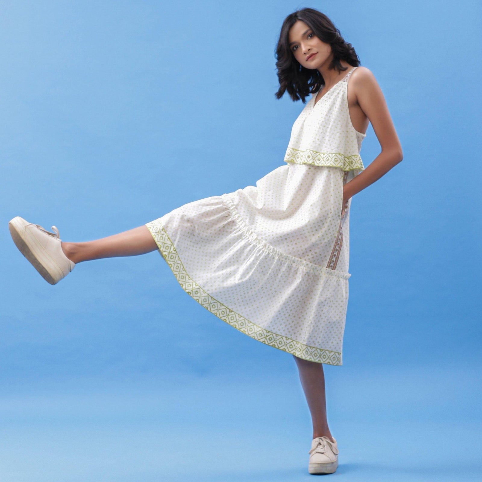 Buy White Block Printed Cotton Knee Length Slip Dress Online at