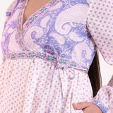 Left Detail of a Model wearing Block Printed Cotton Flared Dress