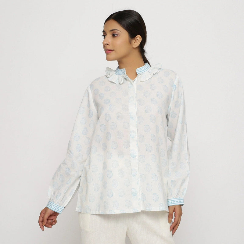 Front View of a Model wearing White Block Printed Cotton Straight Top