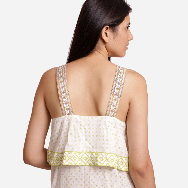 Back Detail of a Model wearing White Block Printed Sanganeri Slip Dress