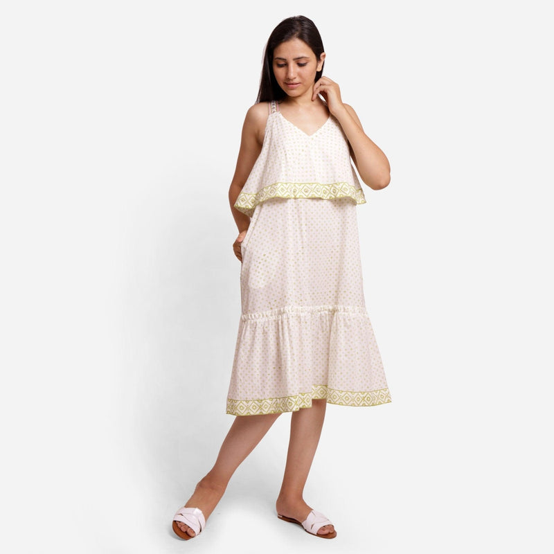 Front View of a Model wearing White Block Printed Cotton Midi Slip Dress