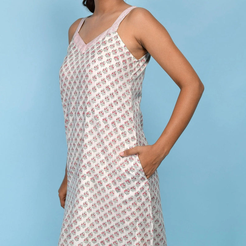 Front Detail of a Model wearing White Block Printed High-Low Cotton Midi Dress