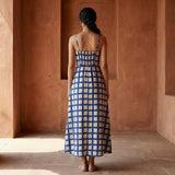 White-Blue Checks Block Print Cotton Ankle Length Flared Sundress