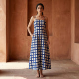 White-Blue Checks Block Print Cotton Ankle Length Flared Sundress