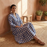 White-Blue Checks Block Print Cotton Deep-V Maxi Tier Dress