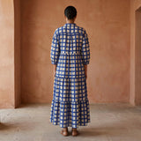 White-Blue Checks Block Print Cotton Deep-V Maxi Tier Dress