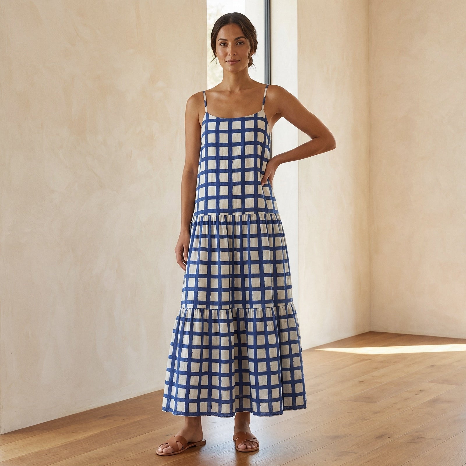 blue and white block print dress Hand Block Printed Cotton Midi Dress: White & Blue Floral Mughal Design Handmade In INDIA