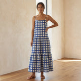 White-Blue Checks Block Print Cotton Drop-Waist Camisole Maxi Tier Dress