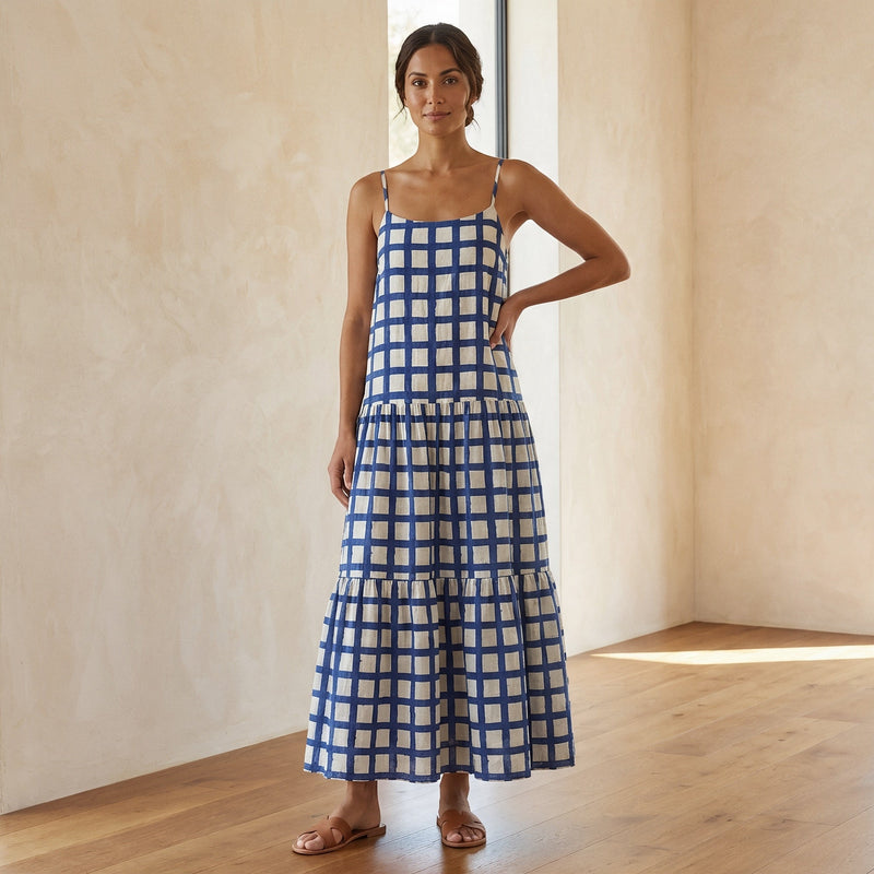 camisole maxi dress White-Blue Checks Block Print Cotton Drop-Waist Camisole Maxi Tier Dress 60