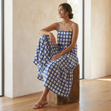 White-Blue Checks Block Print Cotton Drop-Waist Camisole Maxi Tier Dress