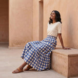 White-Blue Checks Block Print Cotton Elasticated Maxi Tier Skirt