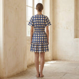 White-Blue Checks Block Print Cotton Elasticated Short Tier Dress