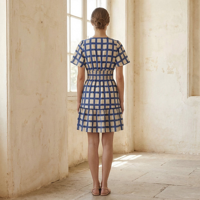block print short dress White-Blue Checks Block Print Cotton Elasticated Short Tier Dress 70