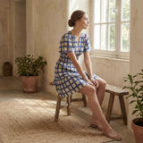 White-Blue Checks Block Print Cotton Elasticated Short Tier Dress