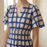 White-Blue Checks Block Print Cotton Elasticated Short Tier Dress