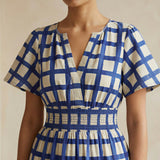 White-Blue Checks Block Print Cotton Flutter Sleeve Tie-Back Tiered Midi Dress
