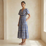 White-Blue Checks Block Print Cotton Flutter Sleeve Tie-Back Tiered Midi Dress