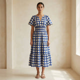 White-Blue Checks Block Print Cotton Flutter Sleeve Tie-Back Tiered Midi Dress
