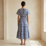 White-Blue Checks Block Print Cotton Flutter Sleeve Tie-Back Tiered Midi Dress