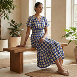 White-Blue Checks Block Print Cotton Flutter Sleeve Tie-Back Tiered Midi Dress
