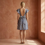 White-Blue Checks Block Print Cotton Open-Back Fit and Flare Knee Length Dress
